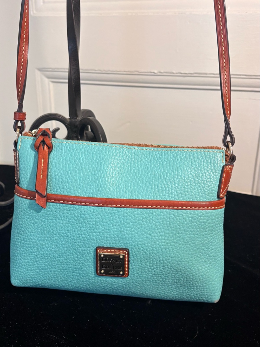 Dooney & Bourke Aqua Pebbled Leather Crossbody with Tan Trim - Picture 4 of 11